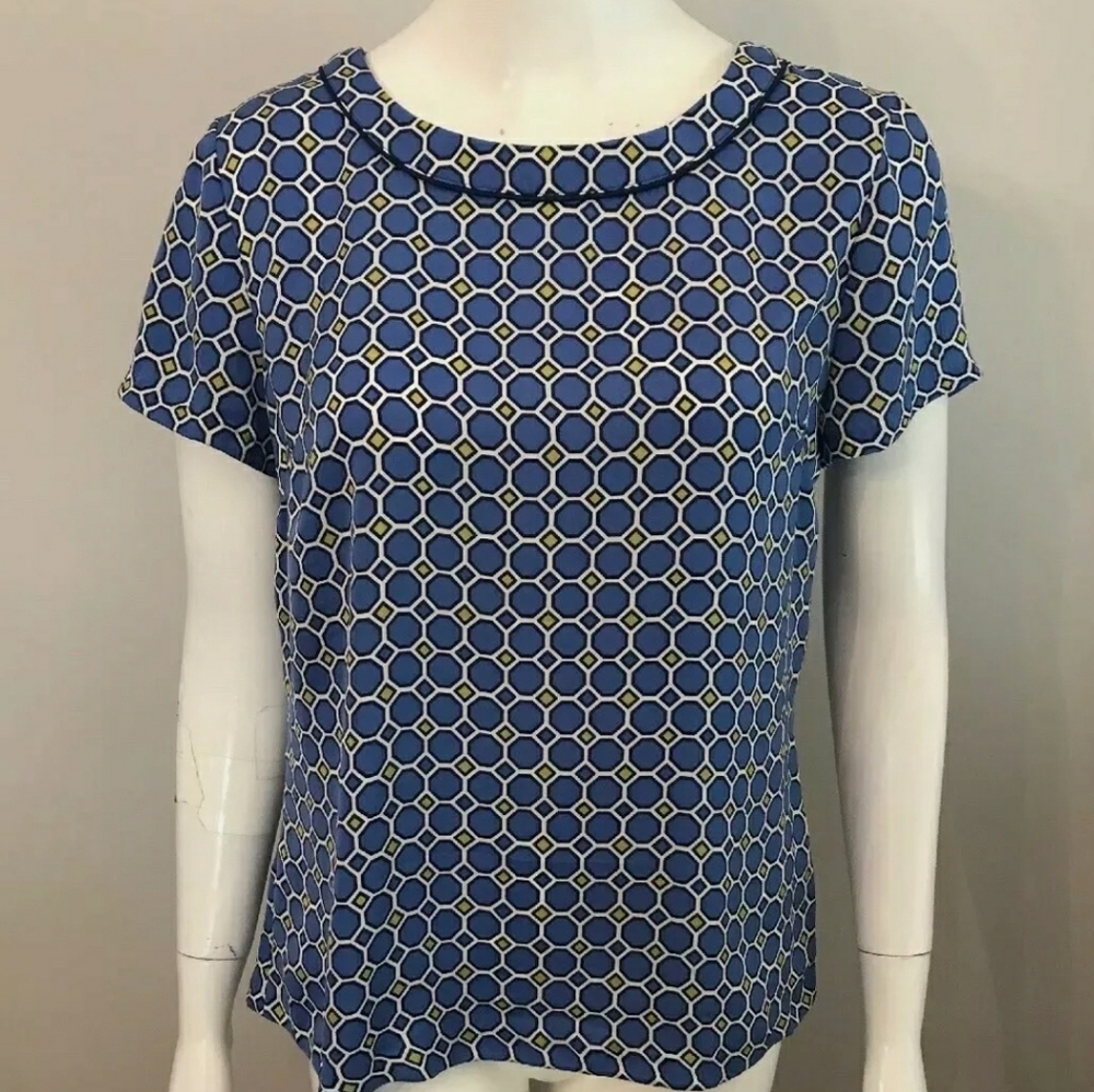 Banana Republic Women's Blue White Hexagon Polyester Short Sleeve Top